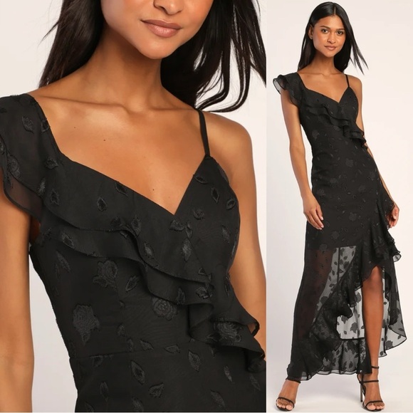 NWT Lulu’s Forever Be Black Floral Jacquard Ruffled Maxi Dress - Picture 1 of 8